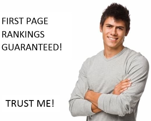 Man saying "FIRST PAGE RANKINGS GUARANTEED! TRUST ME!"