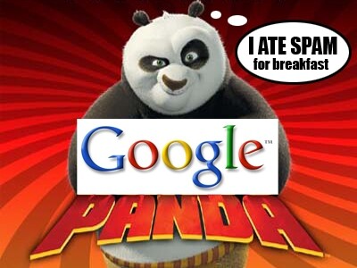 Mashup of "Google Panda" with Kungfu Panda, with thought bubble that says "I ATE SPAM for breakfast"