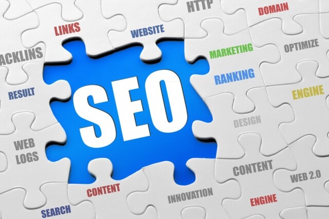 Puzzle pieces of digital marketing terms, with large missing puzzle piece that says "SEO"