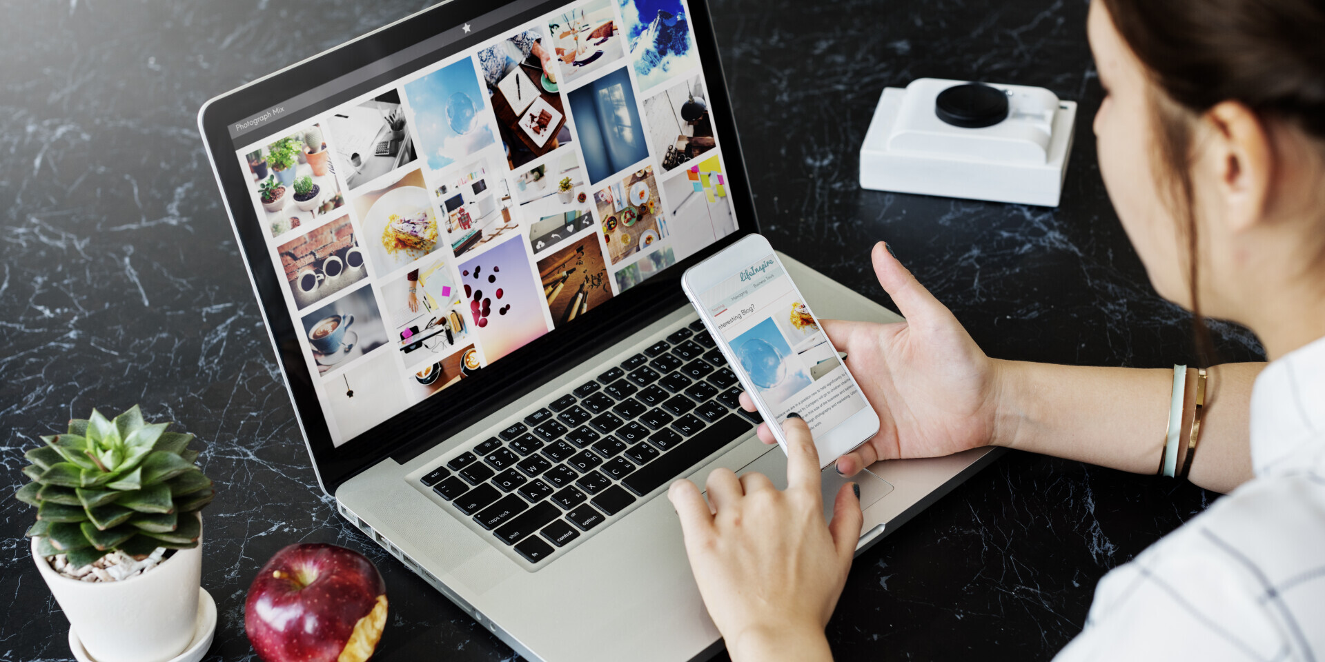 Woman working on image optimization on desktop and mobile devices