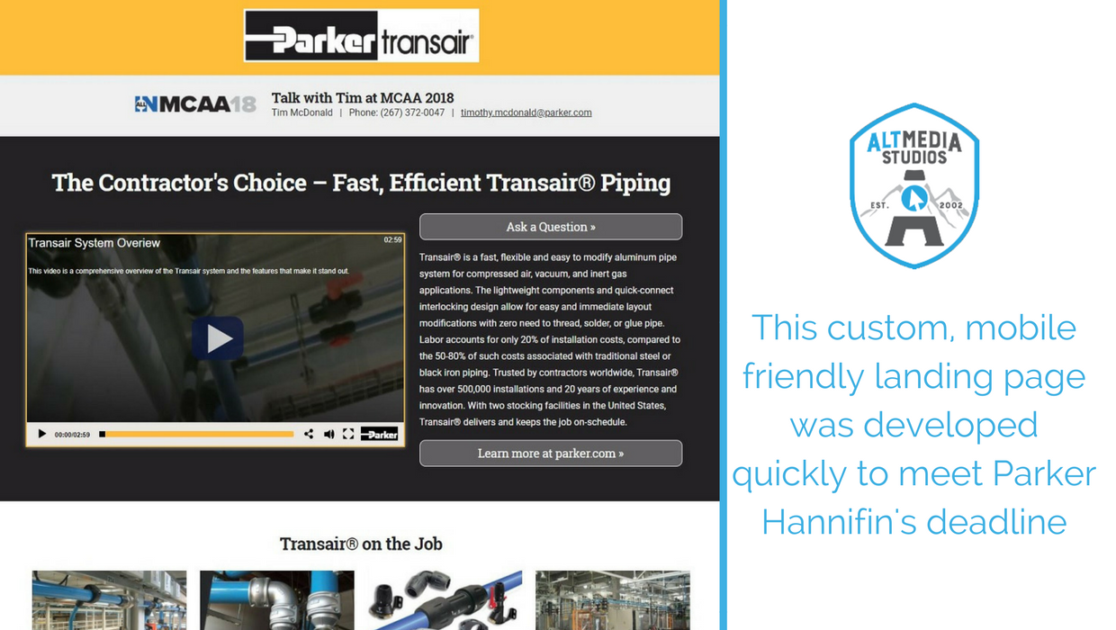 Alt Media Studios built a custom mobile friendly landing page for Parker Hannifin